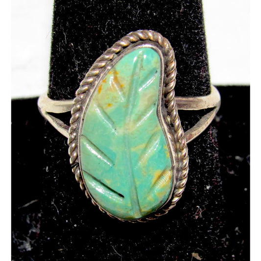 Zuni Carved Royston Turquoise Leaf Ring Size 8.5 Sterling Silver Native American