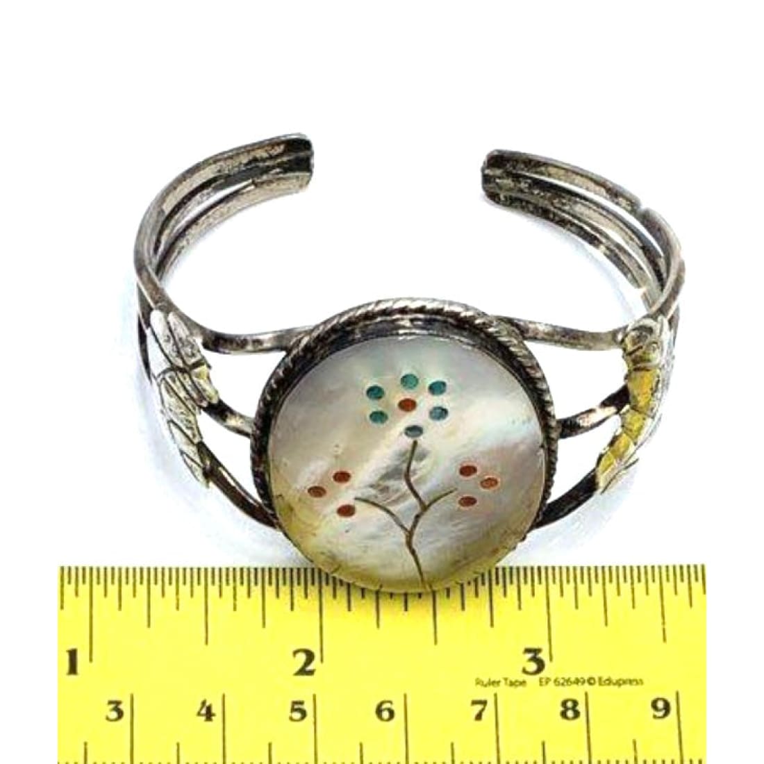 Vintage Zuni Sterling Silver Mother of Pearl Flower Inlay Cuff Bracelet