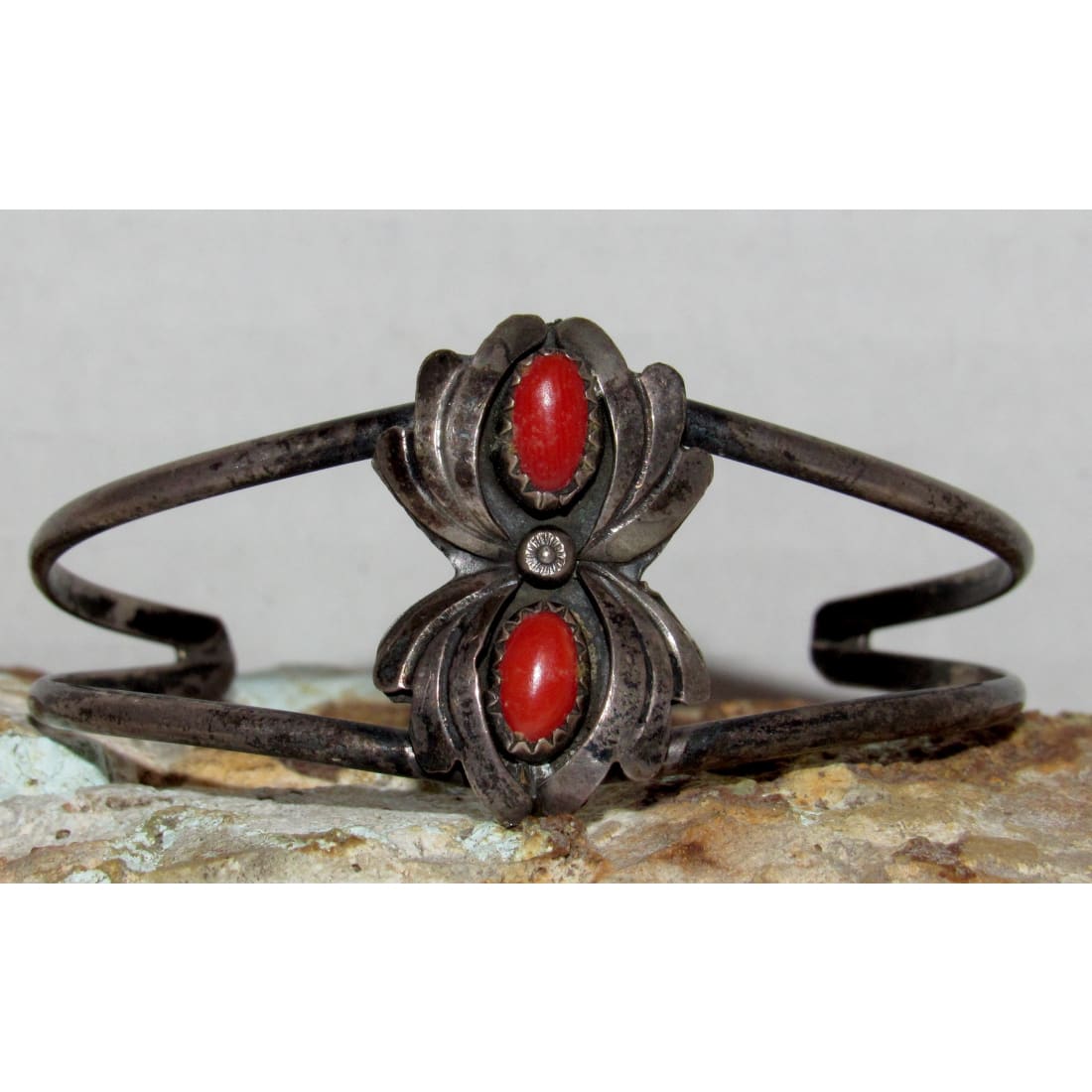 Old Pawn Navajo Coral Squash Blossom Cuff Bracelet Sterling Silver