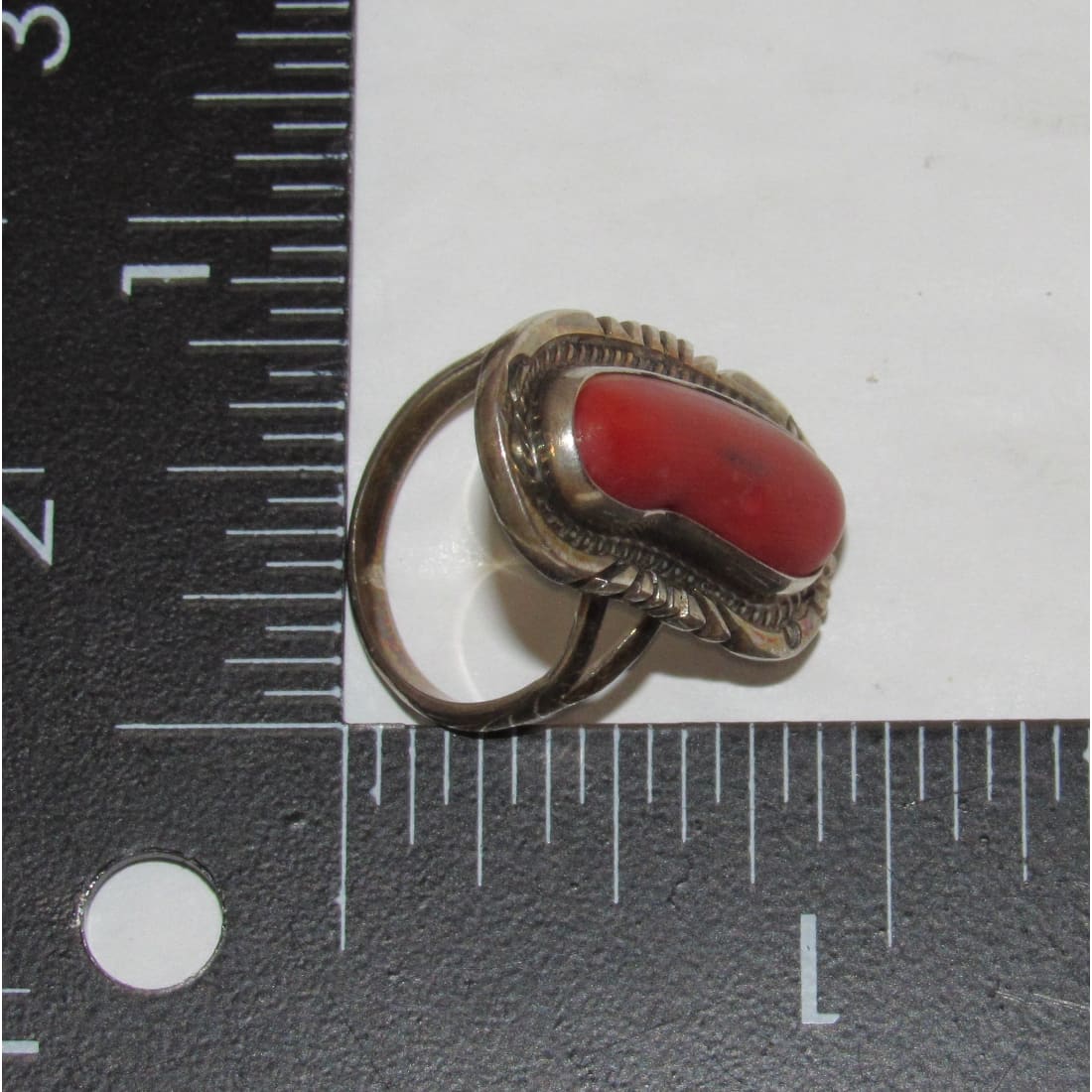 Old Pawn Navajo Mediterranean Coral Ring Size 6 Sterling Silver Native American