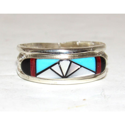 Vintage Zuni Coral Turquoise Inlay Band Ring Size 7 Sterling Silver
