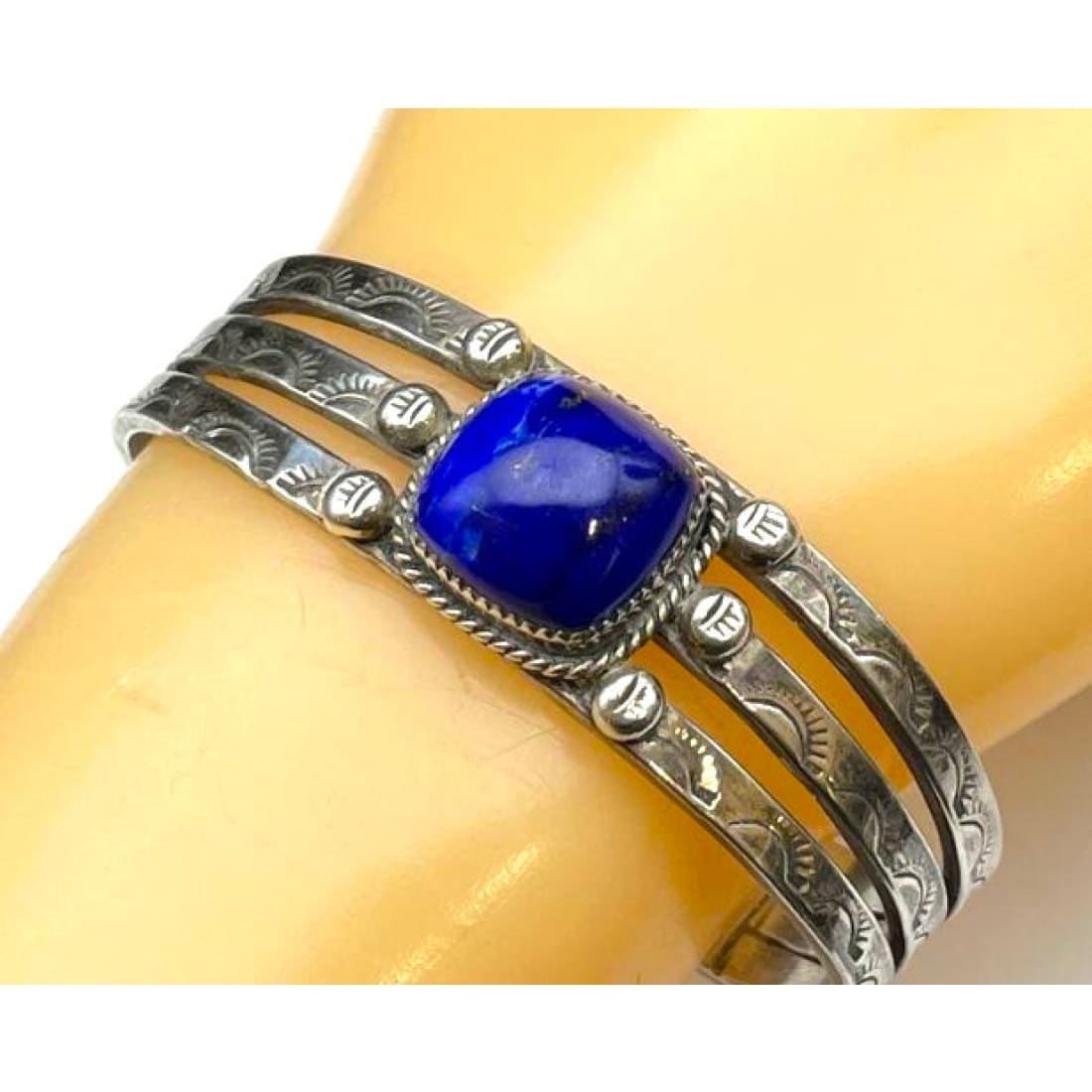Vintage Native American Lapis Cuff Bracelet Sterling Silver Sonny Spruce Taos Pueblo