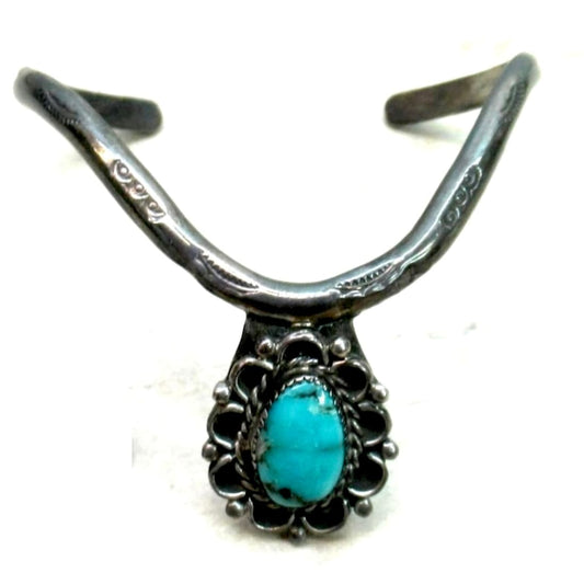 Vintage Navajo Kingman Turquoise Bracelet Sterling Silver Cuff V-Shaped Design