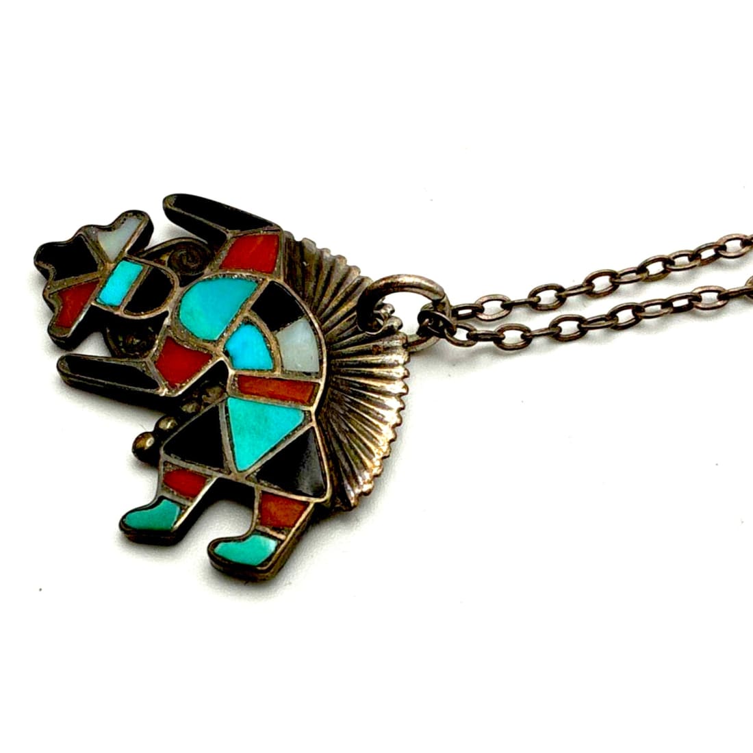 Old Pawn Zuni Rainbow Man Kachina Pendant Necklace Sterling Silver Turquoise Coral MOP