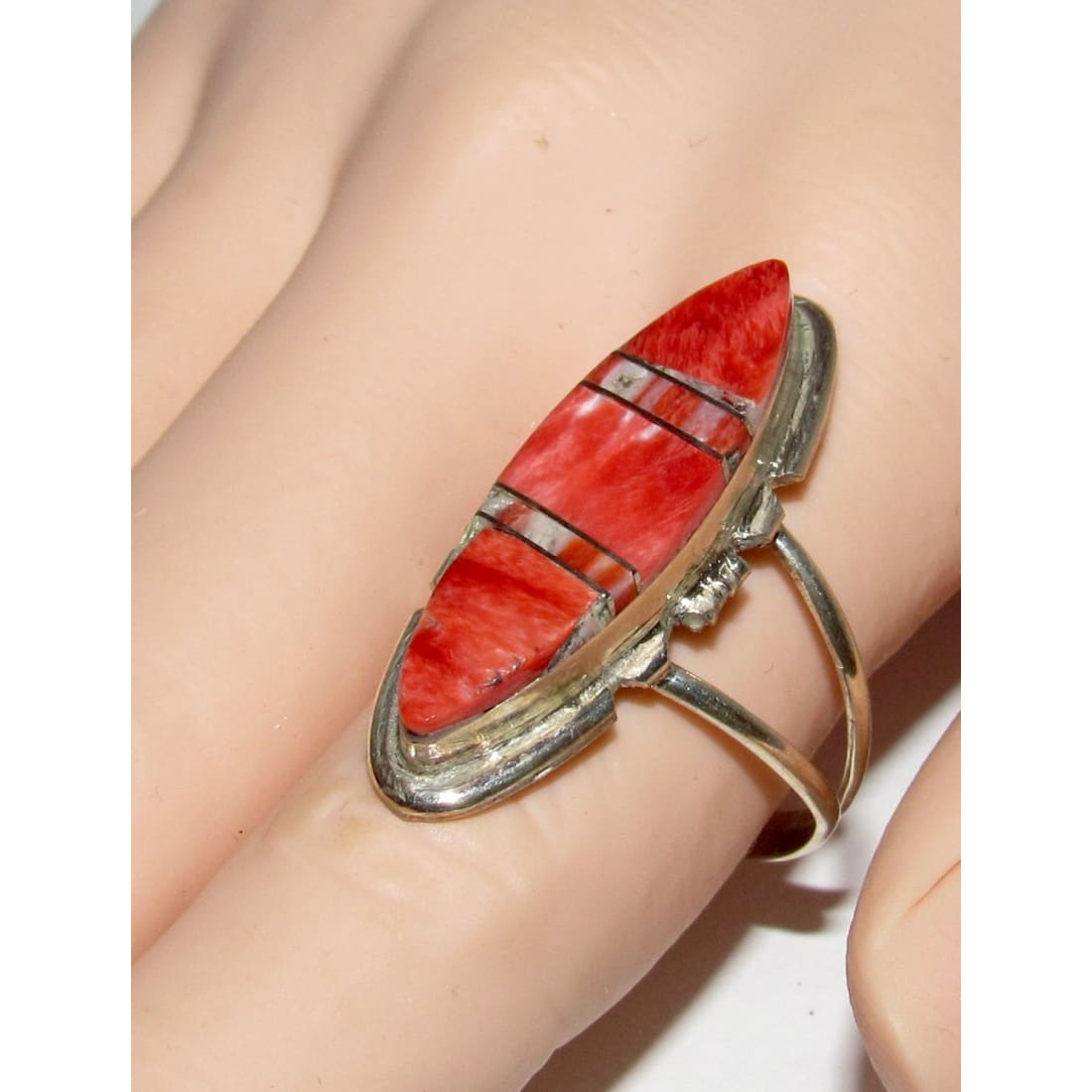 Navajo Red Orange Spiny Inlay Ring Sz 11 Sterling Silver E. Yazzie