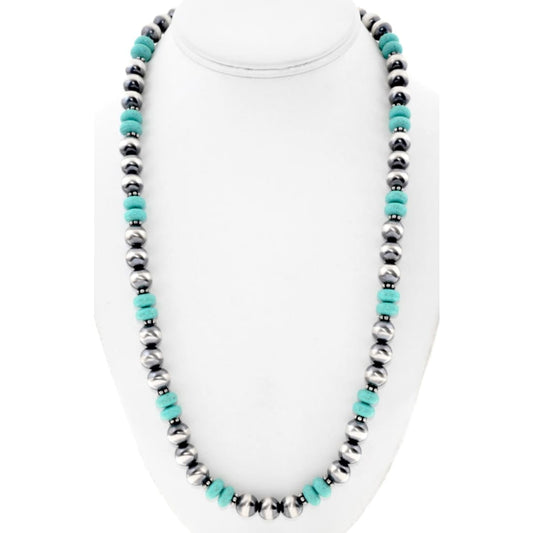 Navajo Pearls Necklace Sterling Silver Turquoise Beads Accents 25"L