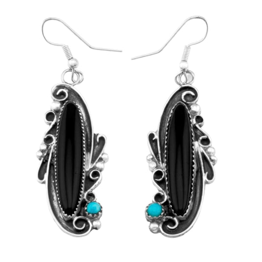 Navajo Onyx Turquoise Dangle Earrings Sterling Silver S. Yazzie featuring hand etched design and stones.