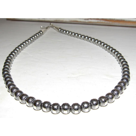 6mm Navajo Pearls Necklace Sterling Silver Stamped Beads Choker Necklace 18"L