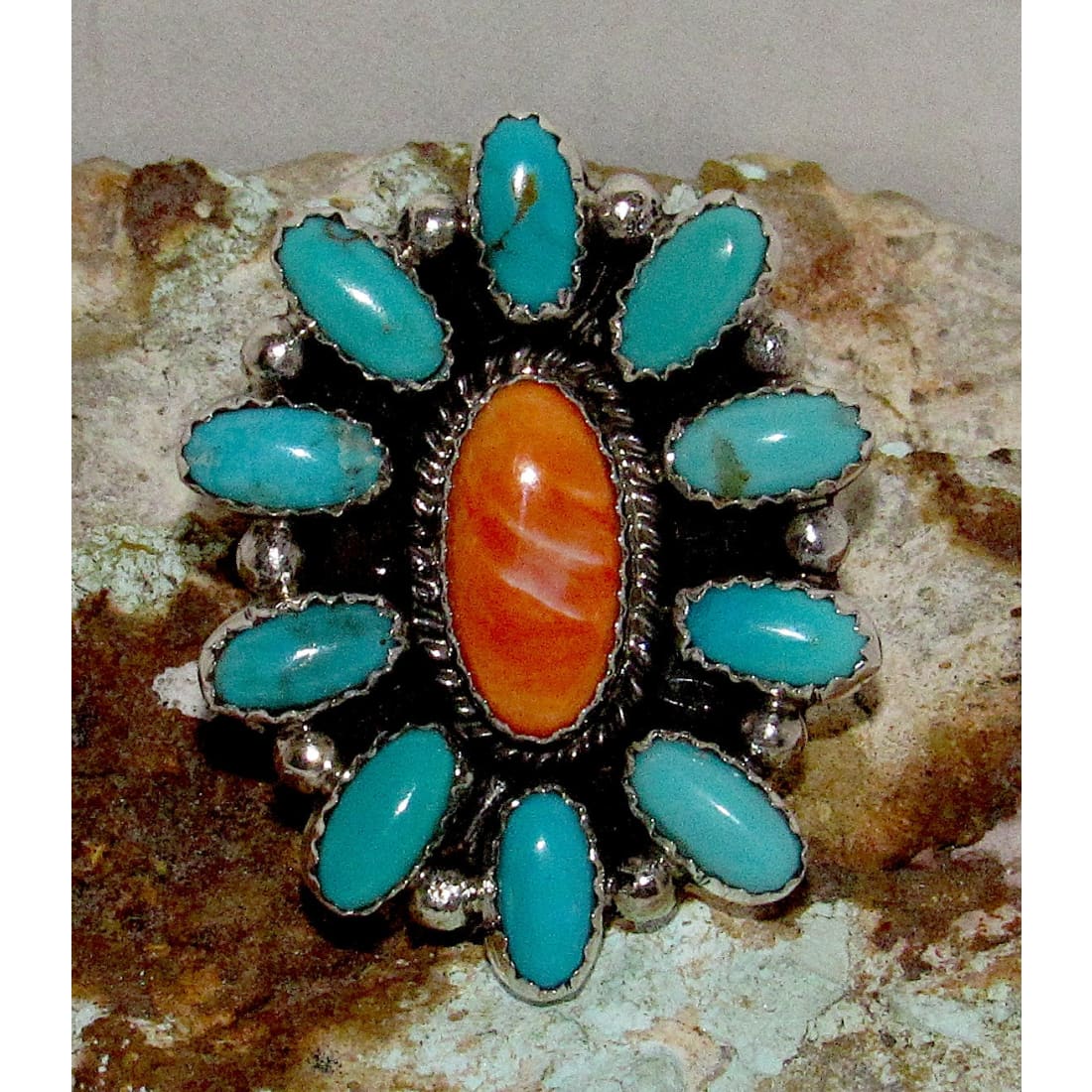 Navajo Turquoise Orange Spiny Cluster Ring Size 10 Sterling Silver
