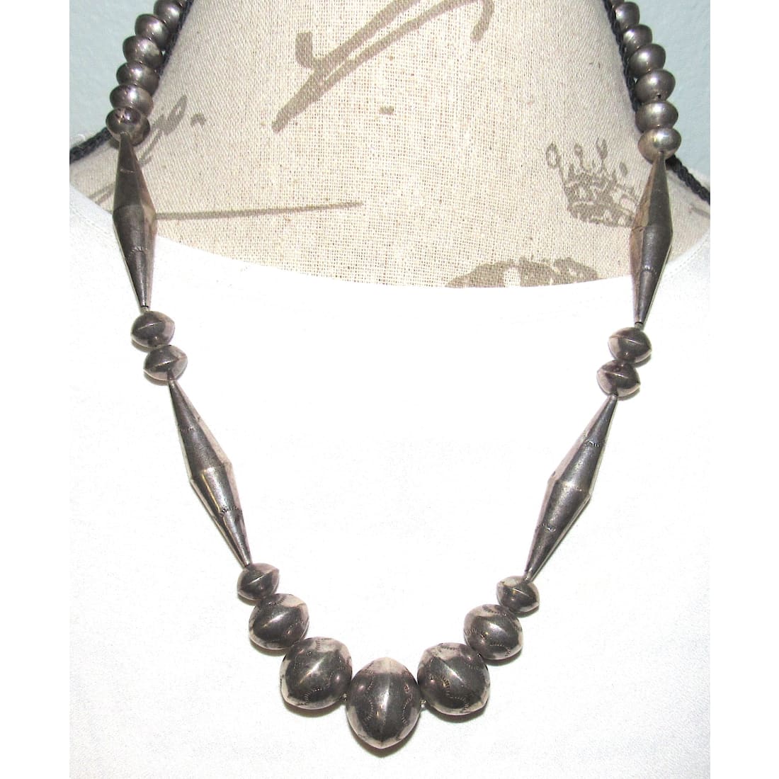 Old Pawn Handmade Navajo Pearls Necklace Stamped Saucer & Cones Beads Sterling