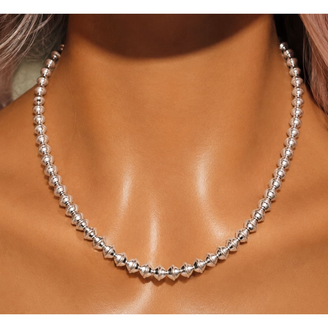 Handmade Navajo Pearls Necklace Sterling Silver 6mm Saucer Beads 18"L G Benally
