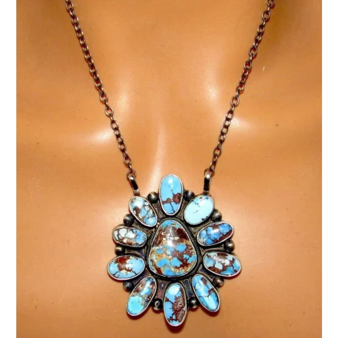 Navajo Golden Hills Turquoise Cluster Bar Necklace Sterling Silver