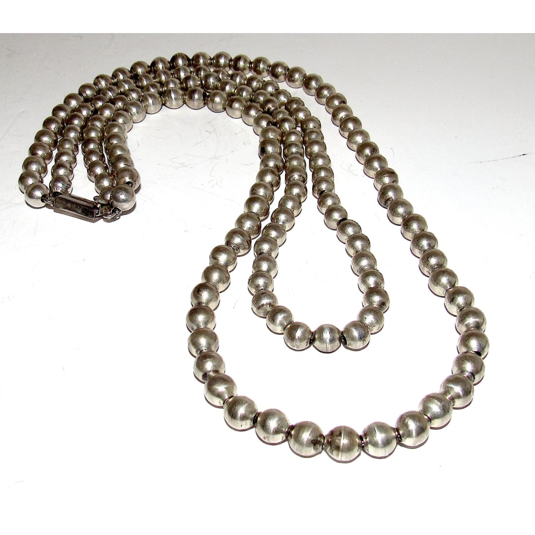 Vintage Mexican Taxco Necklace Double Strand Sterling Silver 22" Beaded Choker 125G