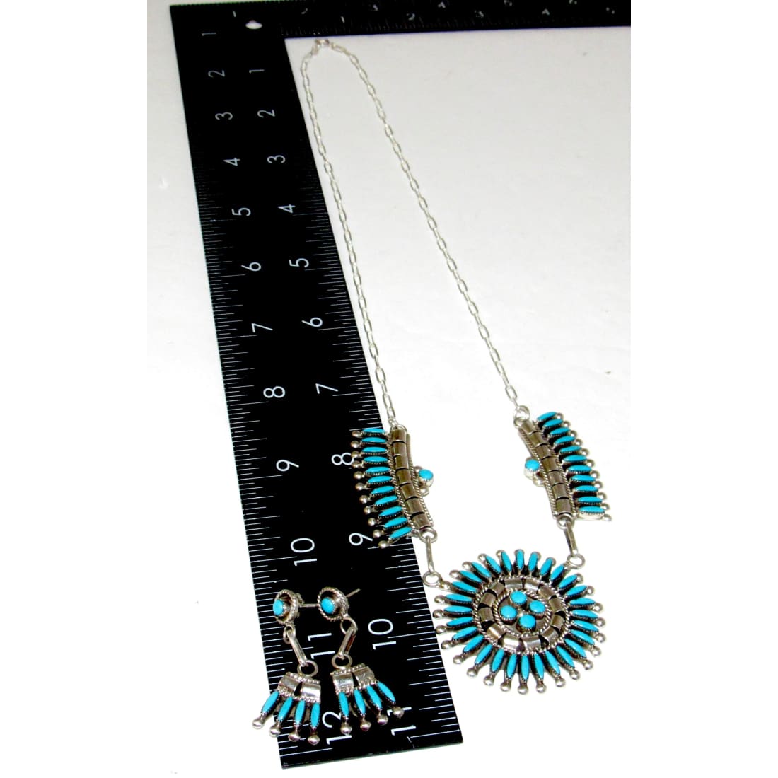 Zuni Turquoise Cluster Necklace and Earrings Set Sterling Silver