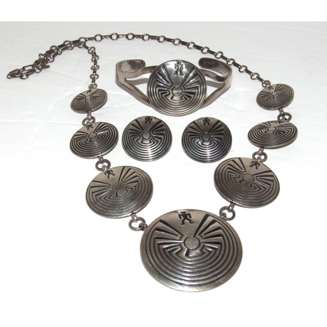 Vintage Navajo Sterling Silver Man in the Maze Jewelry Set Necklace Cuff Earrings