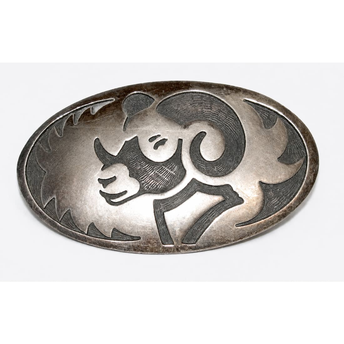 Vintage Hopi Hyson Naseyoma Sterling Silver Overlay Bighorn Ram Belt Buckle 4"