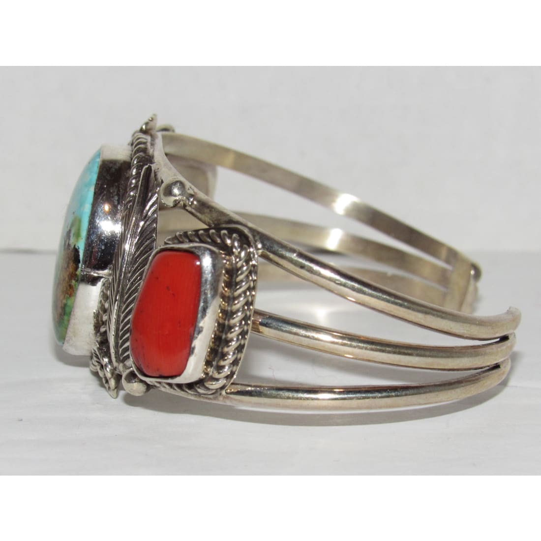 Navajo Royston Turquoise Coral Cuff Bracelet Sterling Silver J Begay