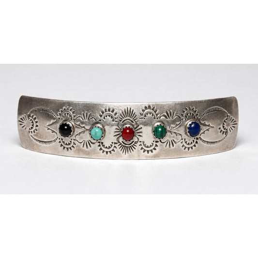 San Ildelfonso Sterling Hair Barrette Gemstones Native American G. Trujillo