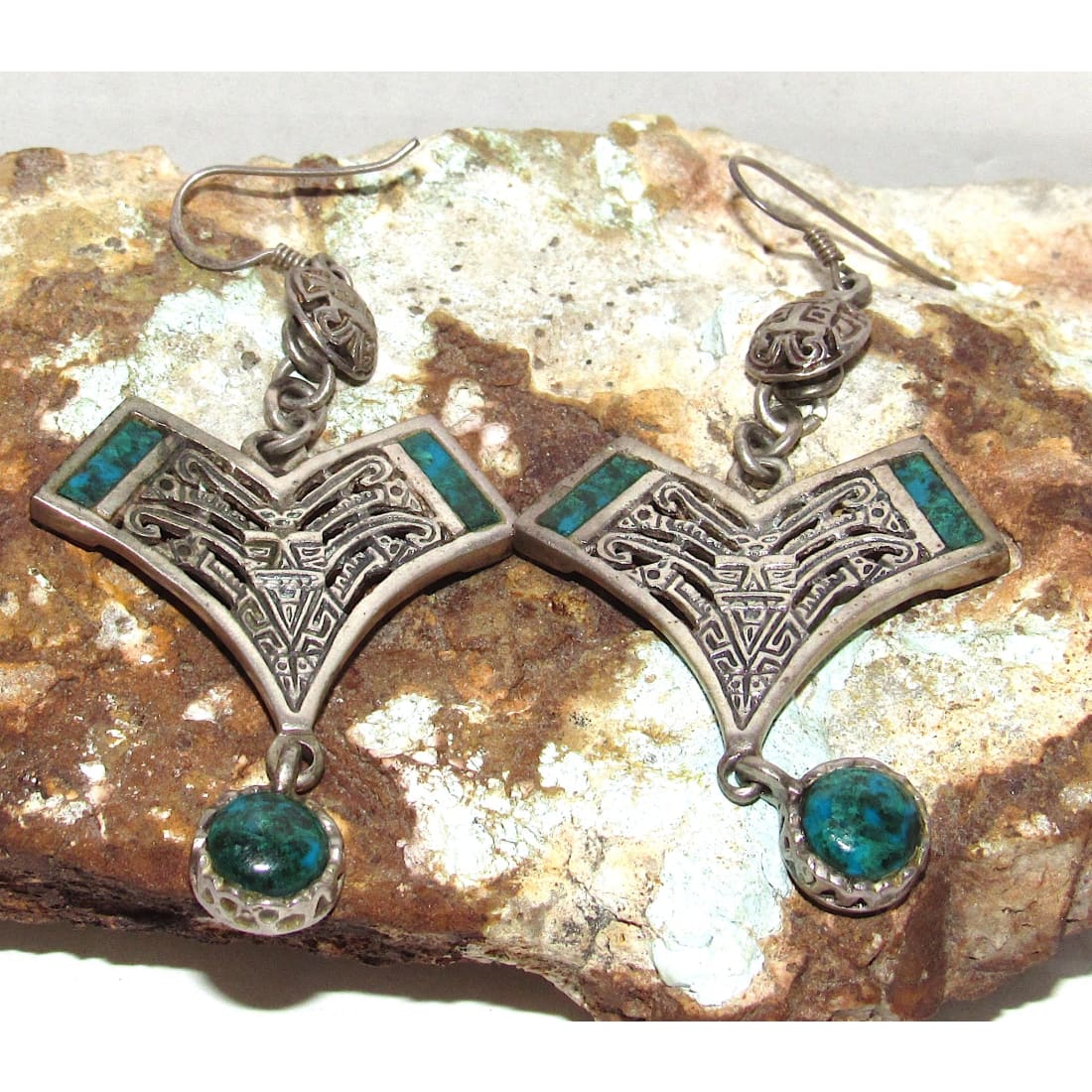 Vintage Taxco Mexico Pre-Colombian Design Sterling Silver Dangle Earrings