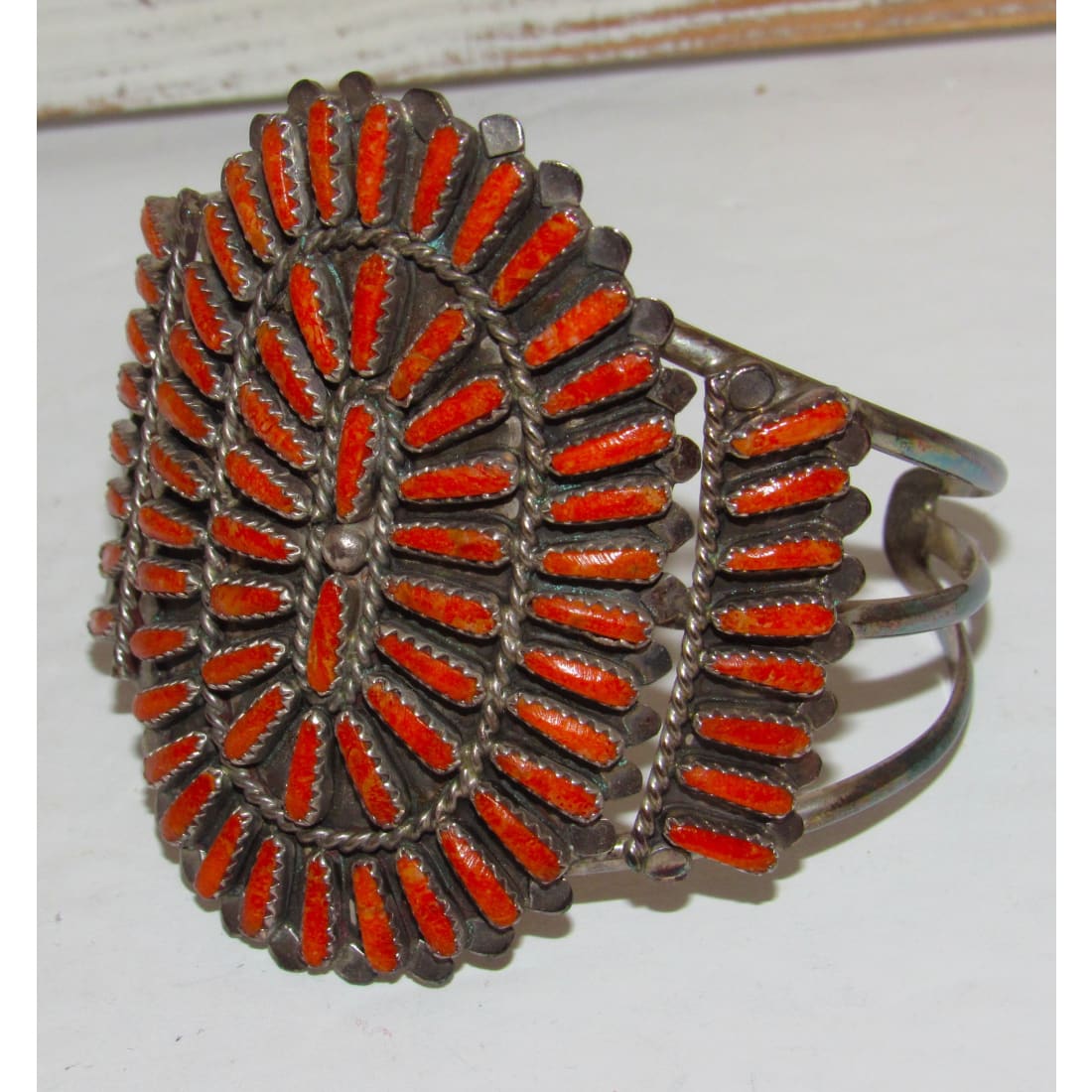Old Pawn Navajo Coral Cluster Cuff Bracelet Sterling Silver Lavell Byjoe