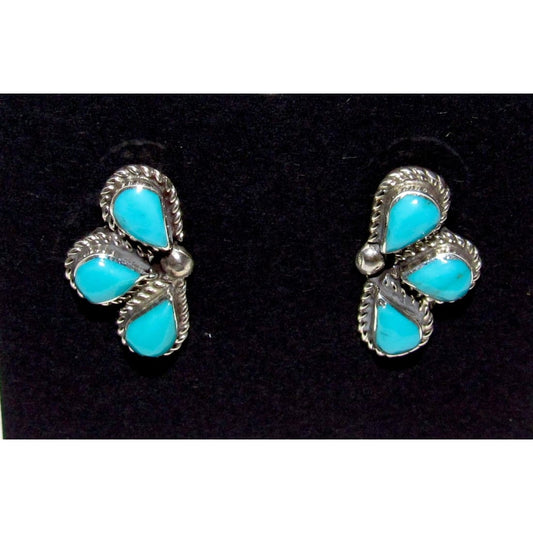 Navajo Sleeping Beauty Turquoise Half Cluster Post Earrings Sterling Silver