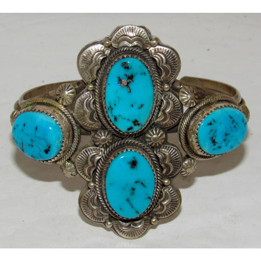 Vintage Massive Navajo Kingman Turquoise Cuff Bracelet Sterling Silver 7"