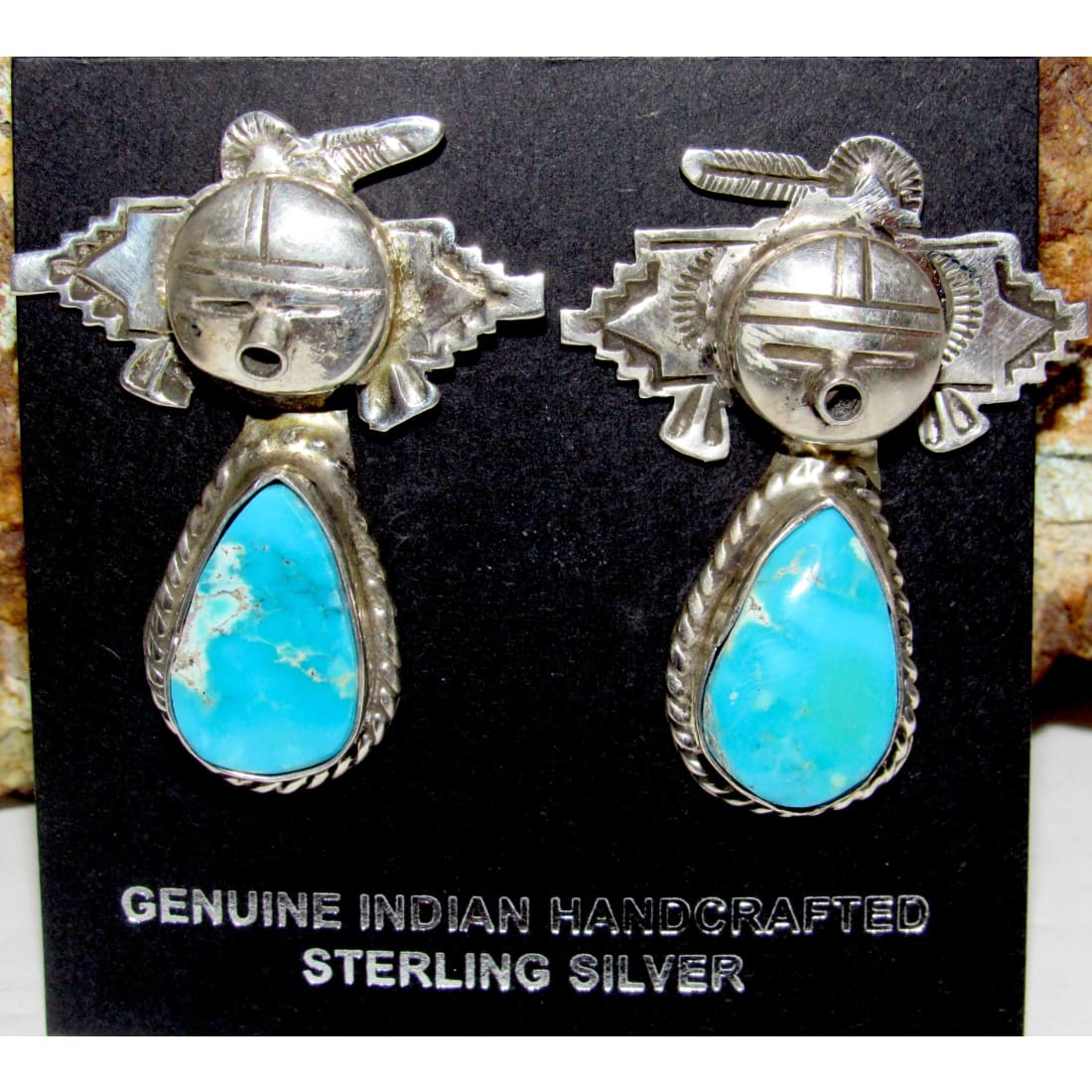 Navajo Kachina Dangle Earrings Royston Turquoise Sterling Silver Bennie Ration