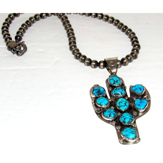 Navajo Kingman Turquoise Cactus Pendant Sterling Navajo Pearls