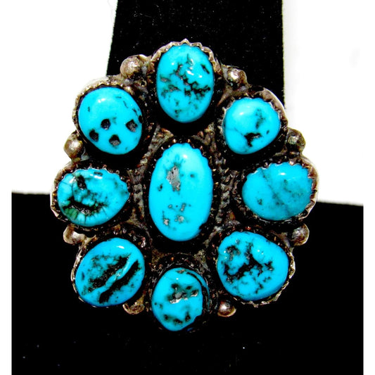Navajo Kingman Turquoise Cluster Ring Sz 8.5 Sterling Silver Native Signed