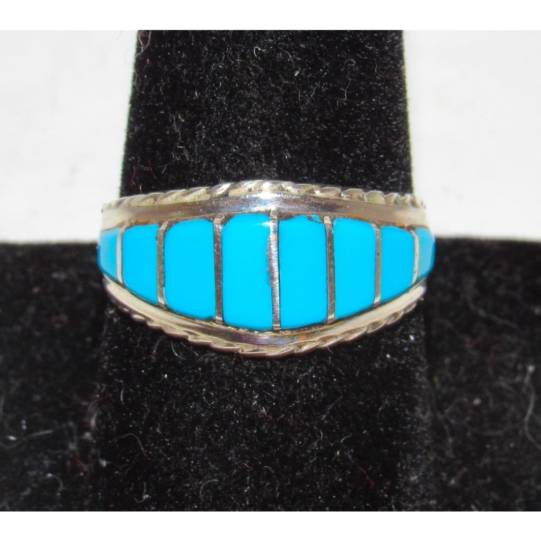 Zuni Turquoise Inlay Ring Sz 9 Sterling Silver M. Peynesta Native American
