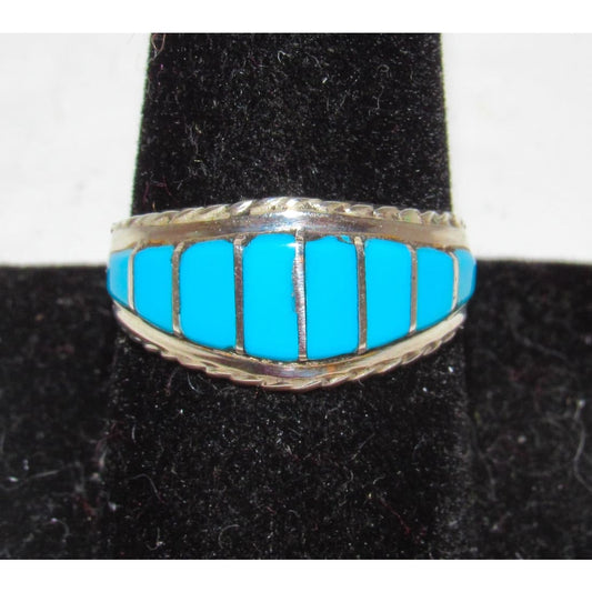 Zuni Turquoise Inlay Ring Sz 9 Sterling Silver M. Peynesta Native American