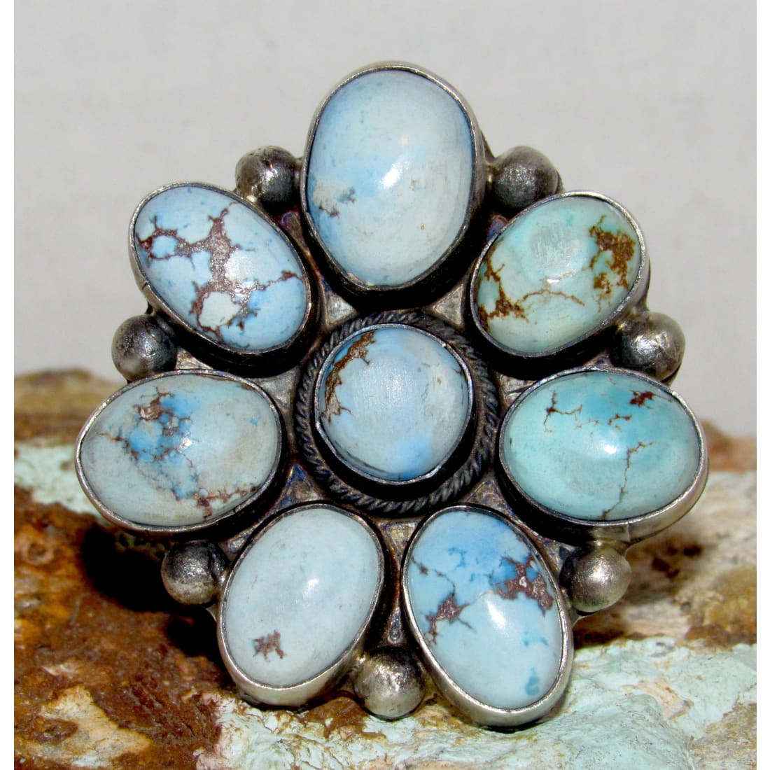 Massive Navajo Golden Hills Turquoise Cluster Ring Sz 8 Adjustable A. Martinez