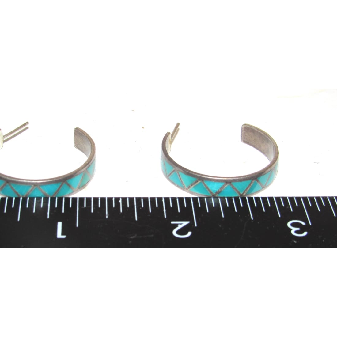 Vintage Zuni Turquoise Inlay Hoop Earrings 1 1/4" Diameter Sterling Silver