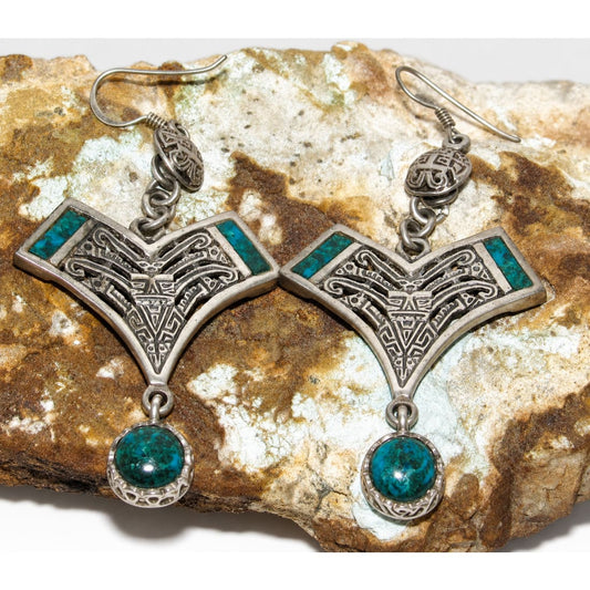 Vintage Taxco Mexico Pre-Colombian Design Sterling Silver Dangle Earrings
