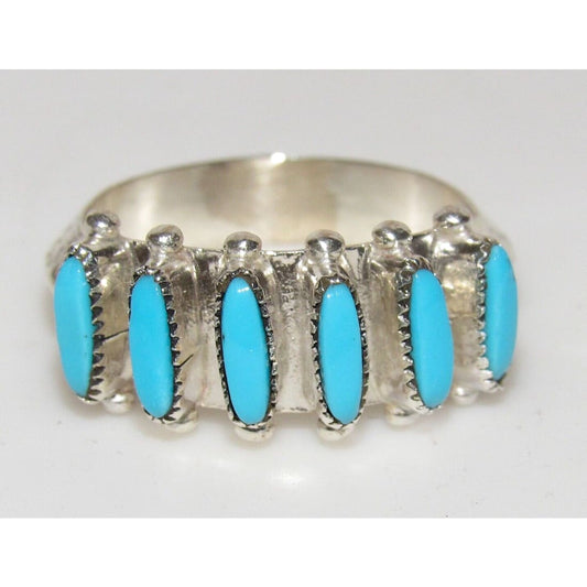 Zuni Sleeping Beauty Turquoise Ring Sz 7.5 Petite Point Design Sterling Silver