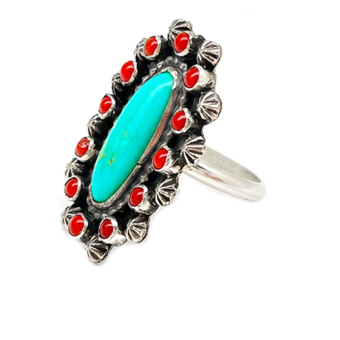 Navajo Cluster Ring Sz 9 Royston Turquoise Coral Sterling Silver A. Yazzie