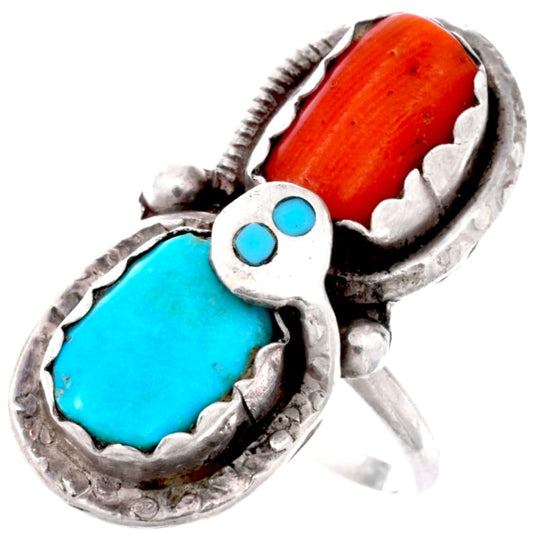 Vintage Zuni snake ring features turquoise and coral stones with sterling silver inlay, size 8 by Effie Calavaza.