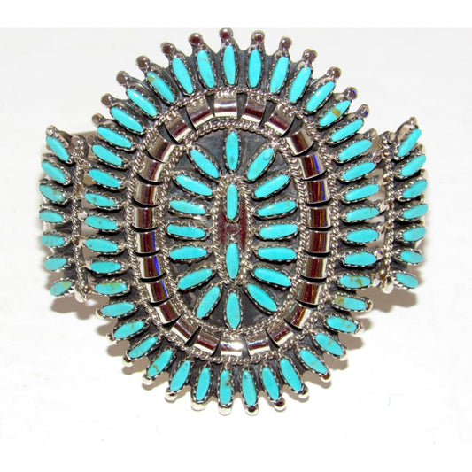 Navajo turquoise cluster cuff bracelet featuring stunning Sleeping Beauty mine turquoise in sterling silver.