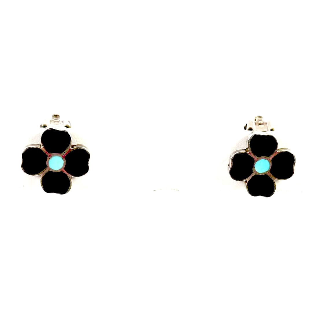 Vintage Zuni Flower Inlay Clip On Earrings Turquoise Jet Sterling Silver
