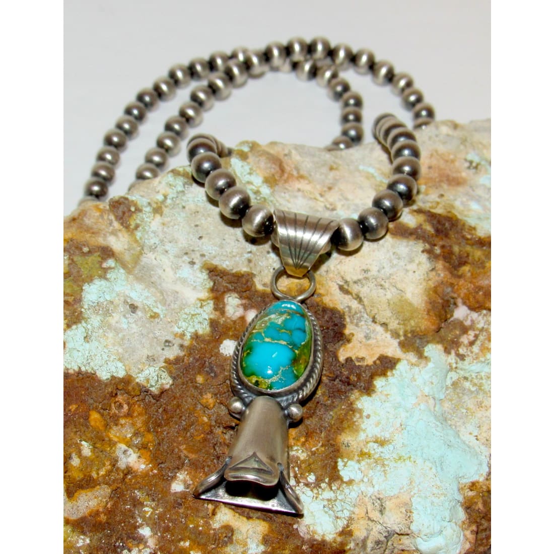 Navajo Pearls & Squash Blossom Pendant Royston Turquoise Sterling Silver