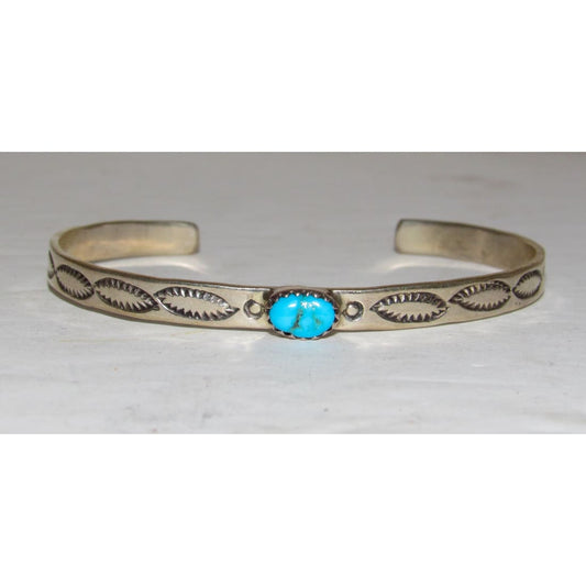 Navajo Kingman Turquoise Stacker Cuff Sterling Hand Etched Bracelet Signed