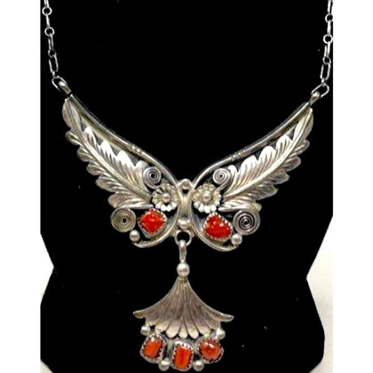 Vintage Navajo Coral Necklace Squash Blossom Sterling Silver by C. Henry Old Pawn
