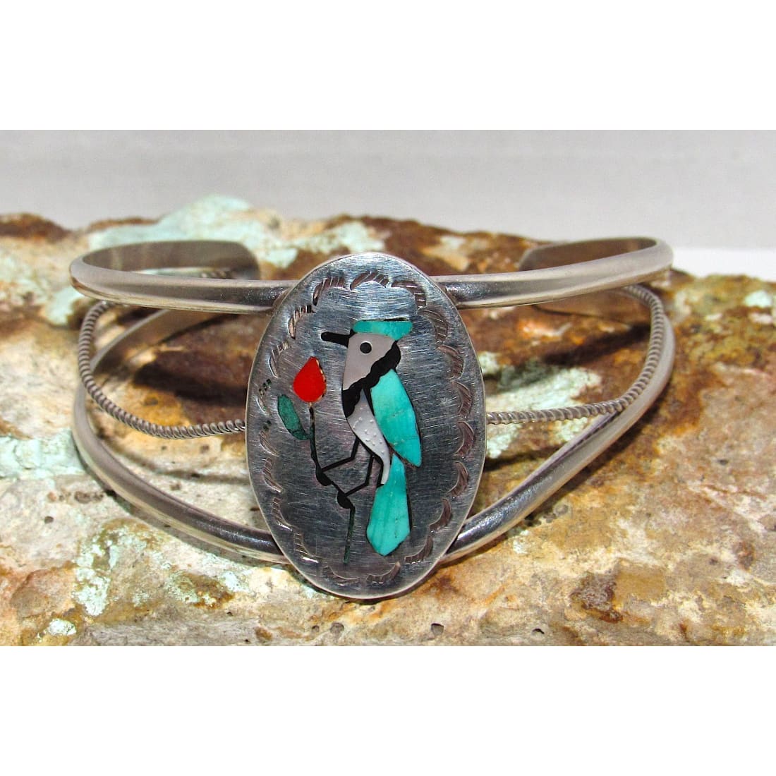 Vintage Zuni Inlay Blue Jay Cuff Bracelet Sammy & Esther Guardian Sterling Silver