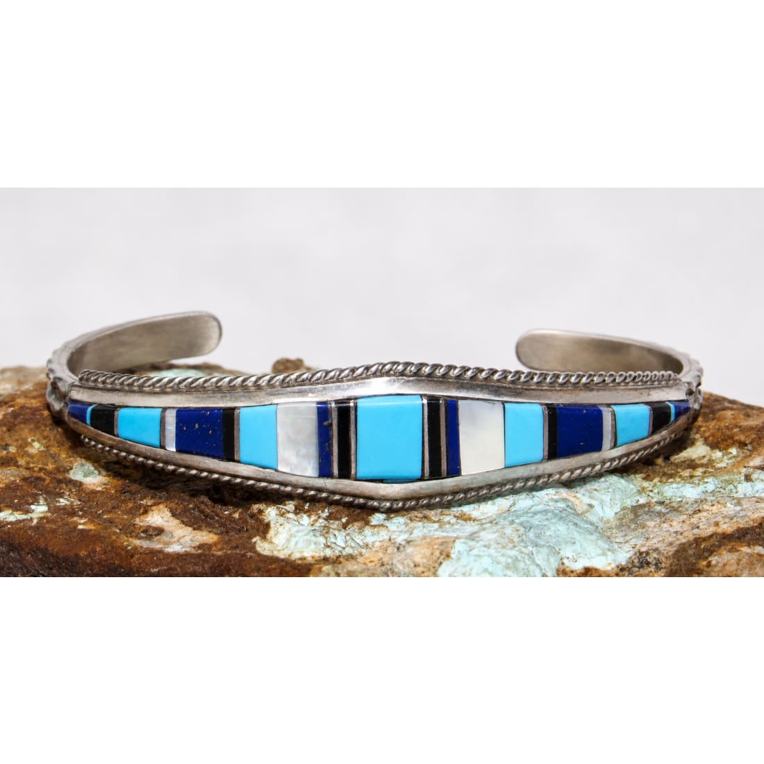 Vintage Zuni Inlay Turquosie Lapis MOP Bracelet Sterling Native American D. Panteah