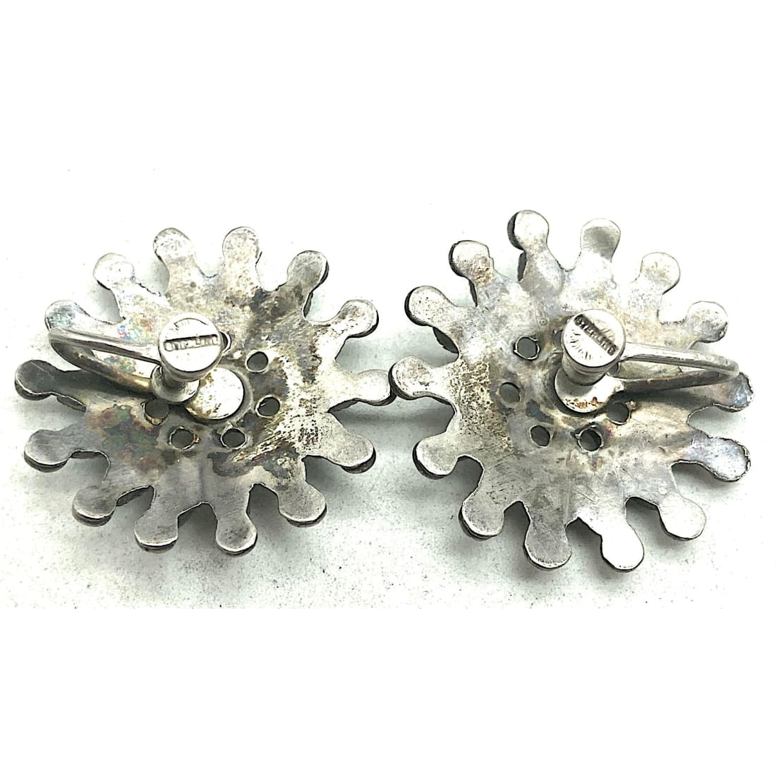 Old Pawn Zuni Cluster Earrings Petit Point Turquoise Sterling Silver Screw Back