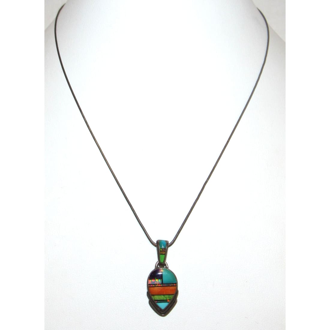 Vintage Navajo Turquoise Spiny Channel Inlay Pendant Sterling Silver Necklace Signed