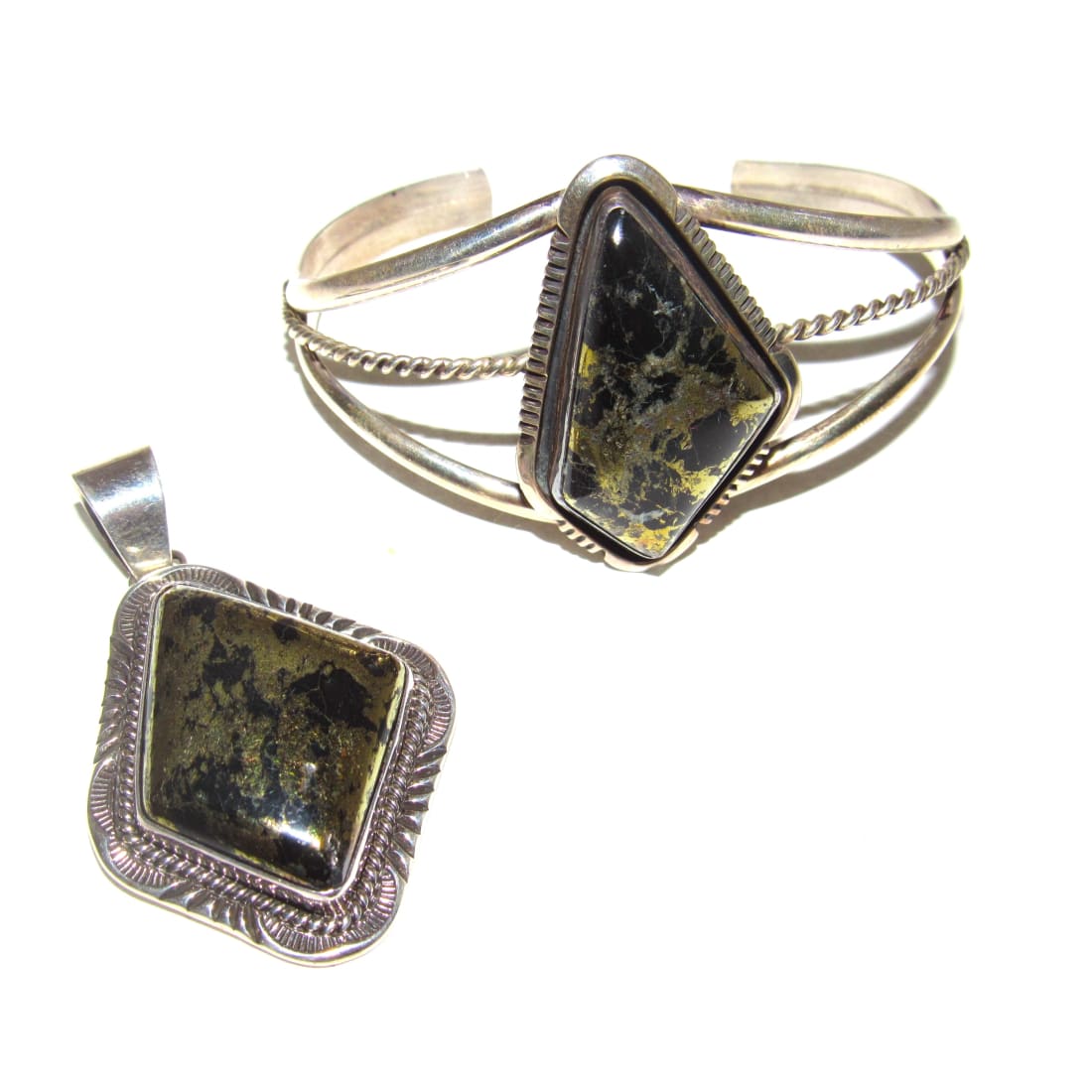 Vintage Navajo Pendant Bracelet Apache Gold Sterling Silver Set W. Denetdale