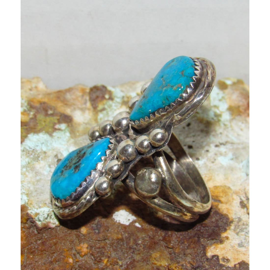 Navajo Kingman Turquoise Statement Ring Sz 7 Sterling Silver Signed