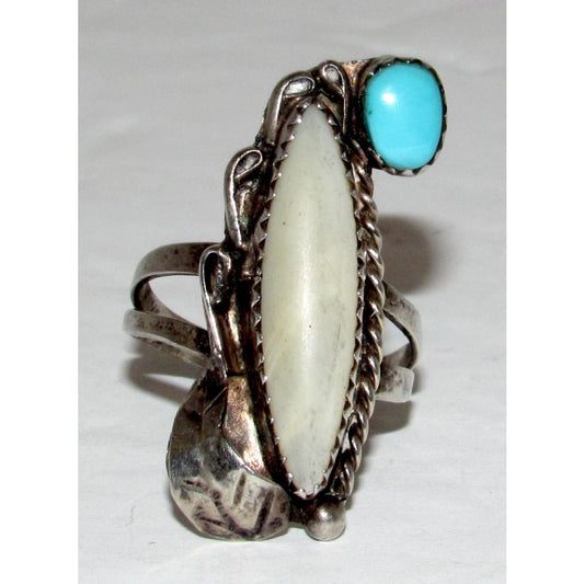 Old Pawn Navajo Mother of Pearl Turquoise Ring Size 7 Sterling Silver