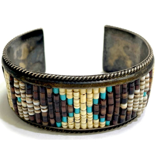 Vintage Navajo Shell Bead Turquoise Inlay Cuff Bracelet L. Charley Sterling Silver